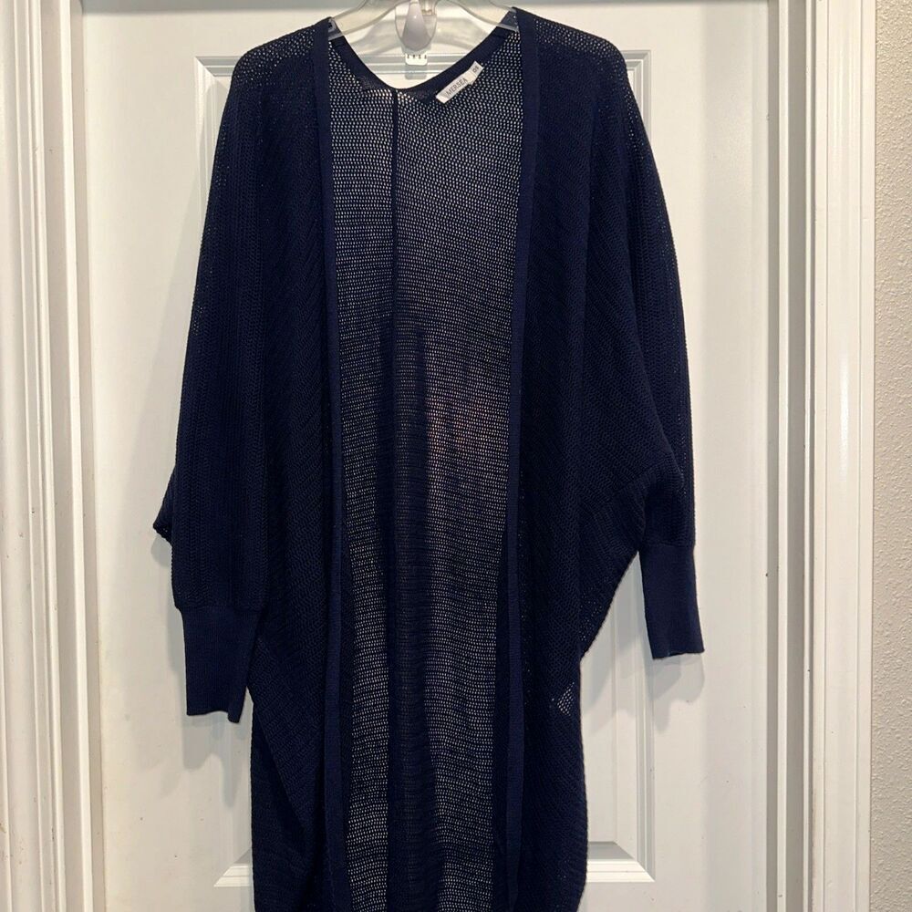 Mersea Blue Long Open Cardigan OS Coastal Grandmother Minimalist Wool Blend